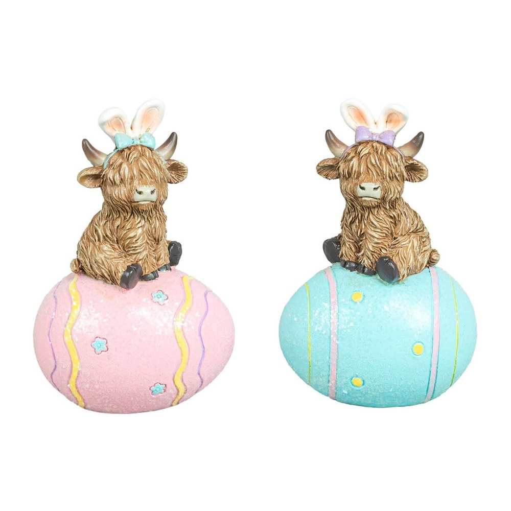 Easter Bunny Highland Cow Figurines - Pink and Blue